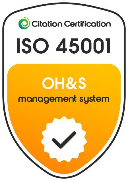 ISO 45001 OH&S management system certification badge by Citation Certification, with a white checkmark seal on an orange shield gradient.