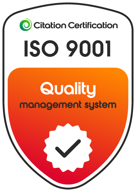 ISO 9001 quality management system certification badge from Citation Certification, featuring an orange gradient shield and a check mark